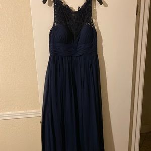 Navy floor length lace prom dress